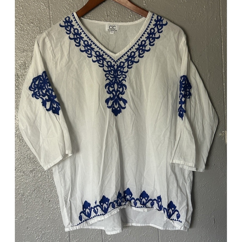 Chic Connection C/C Embroidered Cotton Peasant Blouse White Blue Boho Top Size L